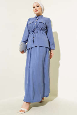Pazarium - Çıtçıt Düğmeli Bel Tünelli Etekli İkili Takım İndigo