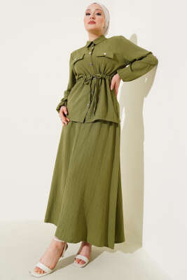 Pazarium - Çıtçıt Düğmeli Bel Tünelli Etekli İkili Takım Haki