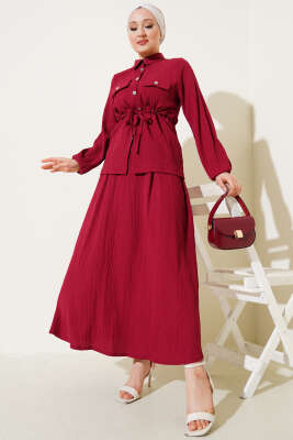 Pazarium - Çıtçıt Düğmeli Bel Tünelli Etekli İkili Takım Bordo