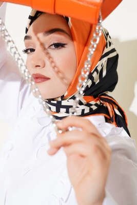 Geometrik Detaylı Saten Twill Eşarp Oranj - Thumbnail