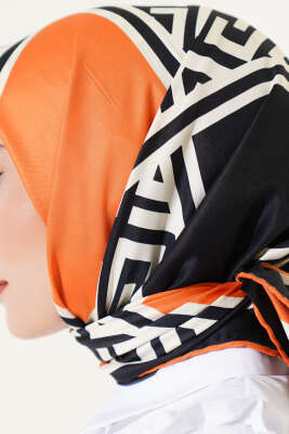 Geometrik Detaylı Saten Twill Eşarp Oranj - Thumbnail