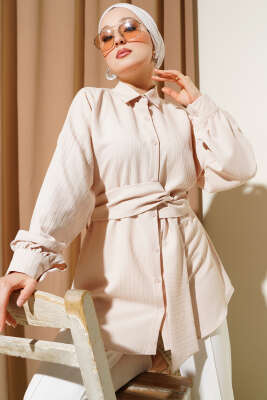 Pazarium - Belden Kuşak Bağlamalı Gömlek Bej