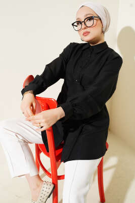 Pazarium - Kendinden Geniş Kuşaklı Gömlek Siyah