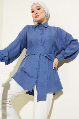 Pazarium - Kendinden Geniş Kuşaklı Gömlek İndigo