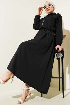 Pazarium - Fermuarlı Kısa Ceketli Etekli Takım Siyah