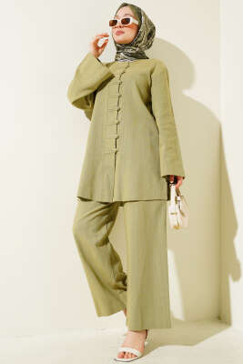 Pazarium - Brit Düğmeli Keten Tunik İkili Takım Çağla Yeşili