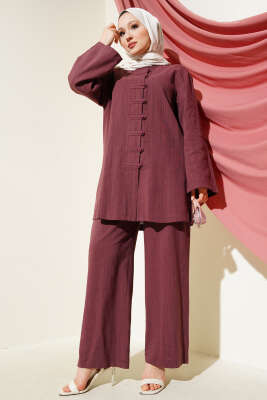 Pazarium - Brit Düğmeli Keten Tunik İkili Takım Bordo