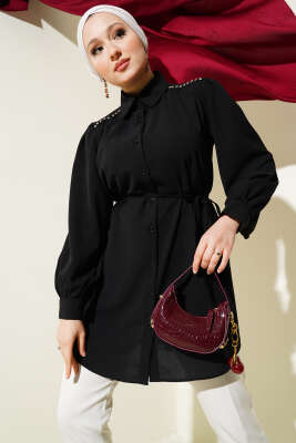 Pazarium - Omuz Taş Detaylı İp Kuşaklı Gömlek Siyah