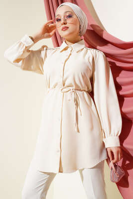 Pazarium - Omuz Taş Detaylı İp Kuşaklı Gömlek Bej