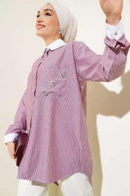 Pazarium - Cep Taşlı İnce Çizgili Gömlek Bordo