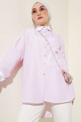 Pazarium - Cep Taşlı İnce Çizgili Gömlek Pembe