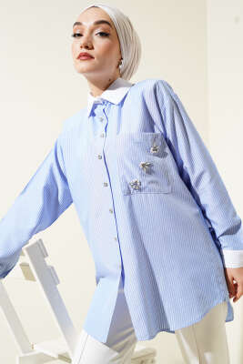 Pazarium - Cep Taşlı İnce Çizgili Gömlek Buz Mavisi
