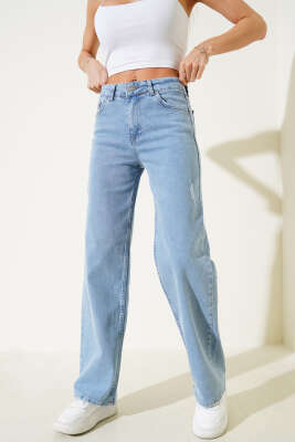 Pazarium - Geniş Paça Yıpratmalı Kot Palazzo Pantolon Kar Açık