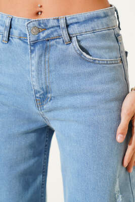 Geniş Paça Yıpratmalı Kot Palazzo Pantolon Kar Açık - Thumbnail