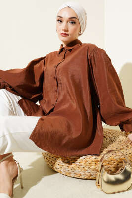 Pazarium - Kırışık Doku Balon Kol Gömlek Kahve