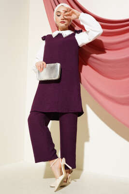 Pazarium - Yaka Taşlı Gömlek Garnili İkili Takım Mürdüm