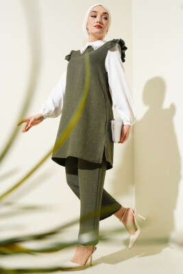 Pazarium - Yaka Taşlı Gömlek Garnili İkili Takım Haki