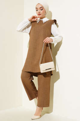 Pazarium - Yaka Taşlı Gömlek Garnili İkili Takım Camel