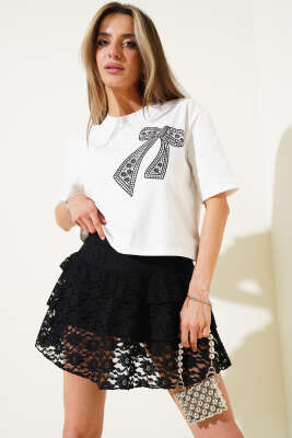 Fiyonk Baskılı T-Shırt Beyaz - Thumbnail