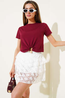 Halka Aksesuarlı T-shirt Bordo - Thumbnail