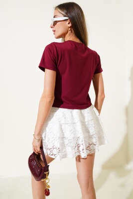 Halka Aksesuarlı T-shirt Bordo - Thumbnail