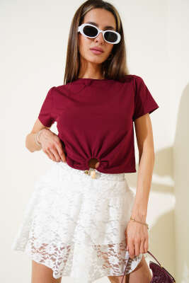 Pazarium - Halka Aksesuarlı T-shirt Bordo