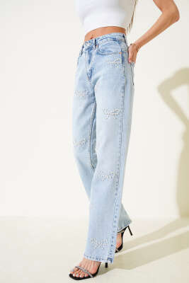 Fiyonk Taşlı Kot Pantolon Buz Mavisi - Thumbnail