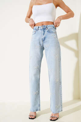 Fiyonk Taşlı Kot Pantolon Buz Mavisi - Thumbnail