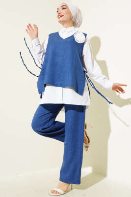 Pazarium - Yan İpli Yelekli Üçlü Takım Mavi