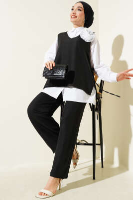 Pazarium - Yan İpli Yelekli Üçlü Takım Siyah