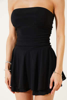 Yan Büzgülü Sandy Elbise Siyah - Thumbnail