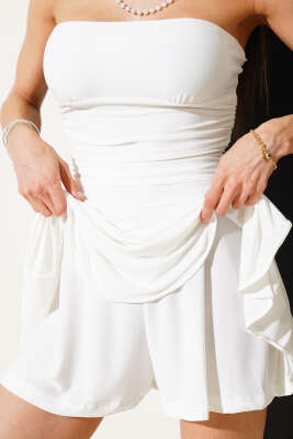 Yan Büzgülü Sandy Elbise Beyaz - Thumbnail