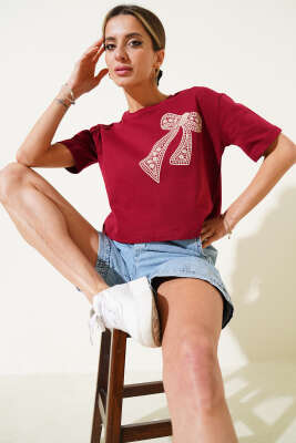 Fiyonk Baskılı T-Shırt Bordo - Thumbnail