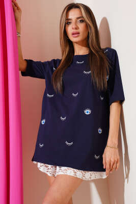 Göz Baskılı T-shirt Lacivert - Thumbnail