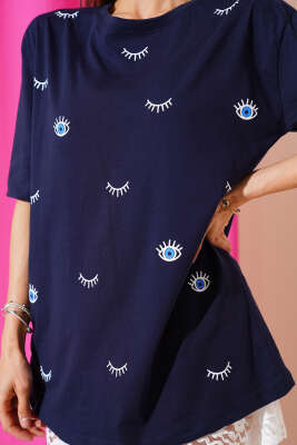 Göz Baskılı T-shirt Lacivert - Thumbnail