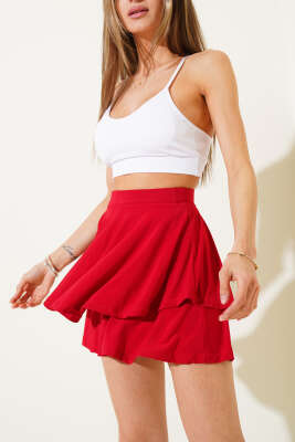 Fırfırlı Mini Sandy Şort Etek Kırmızı - Thumbnail