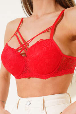 Pazarium - Silikonlu Destekli Dantelli Çapraz Sütyen Kırmızı