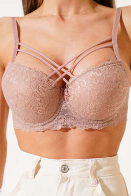 Silikonlu Destekli Dantelli Çapraz Sütyen Kahve - Thumbnail