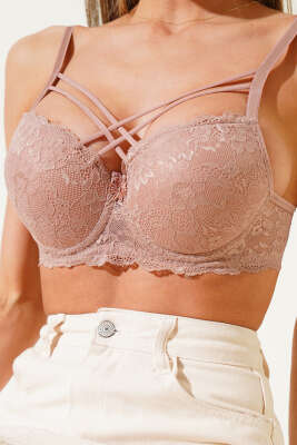 Silikonlu Destekli Dantelli Çapraz Sütyen Kahve - Thumbnail