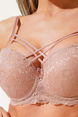 Silikonlu Destekli Dantelli Çapraz Sütyen Kahve - Thumbnail