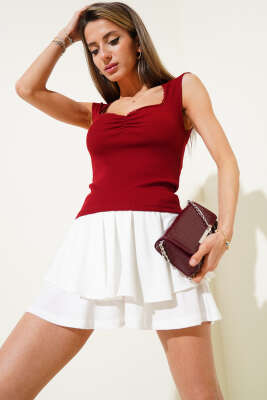 Pazarium - Dantel Detaylı Kaşkorse Bluz Bordo