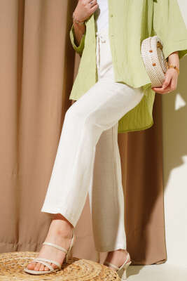 Pazarium - Bel Lastikli Bol Keten Pantolon Bej