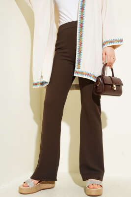 Pazarium - İspanyol Paça Bel Lastikli Pantolon Kestane