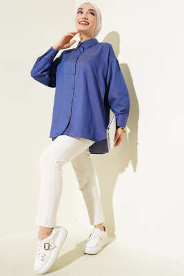 Pazarium - Klasik Yaka Cepli Gömlek Lacivert