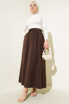 Çift Cepli Beli Lastikli Etek Kahve - Thumbnail
