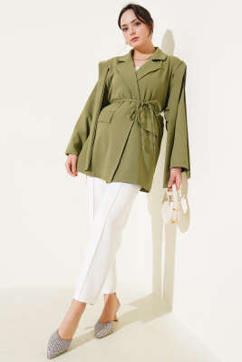 Omuz Pelerinli İp Kuşaklı Ceket Haki - Thumbnail
