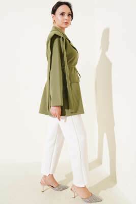 Omuz Pelerinli İp Kuşaklı Ceket Haki - Thumbnail