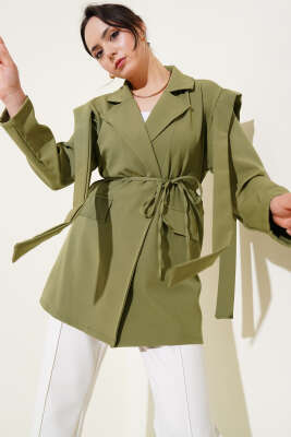 Omuz Pelerinli İp Kuşaklı Ceket Haki - Thumbnail
