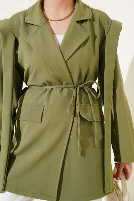 Omuz Pelerinli İp Kuşaklı Ceket Haki - Thumbnail