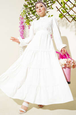 Pazarium - Güpürlü Önden Düğmeli Elbise Beyaz